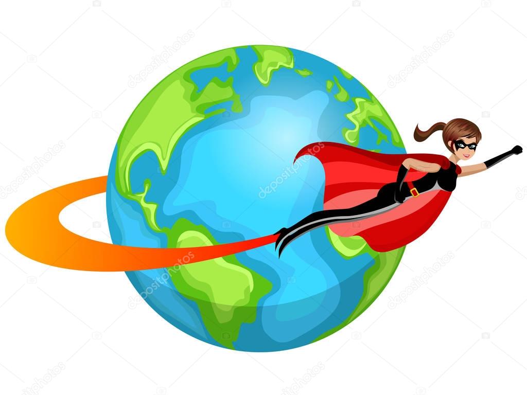 Superhero woman flying around world isolated