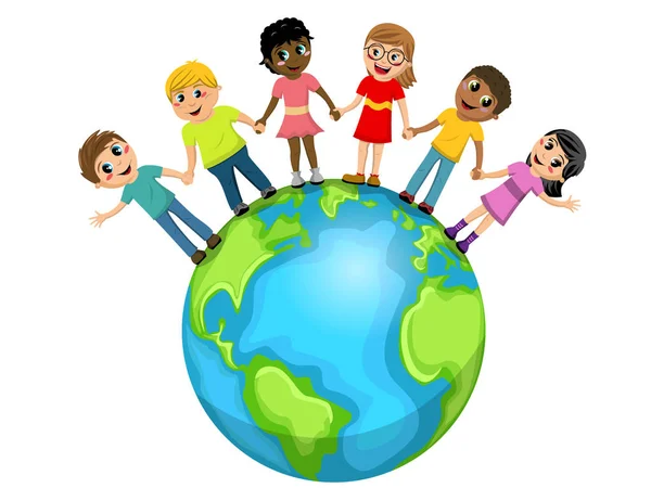 Children kids hand in hand world isolated — Stock Vector