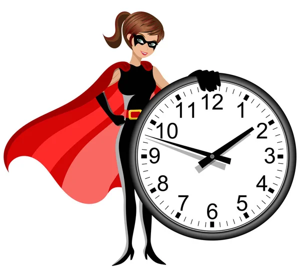 Superhero femme tenant horloge murale isolé — Image vectorielle