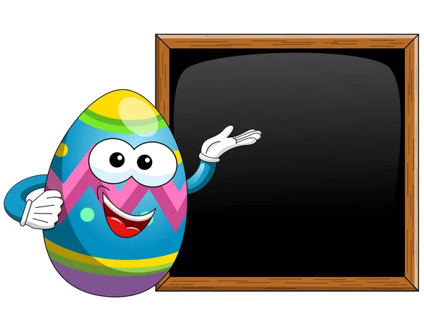 Caricatura de huevo de Pascua decorado presentando pizarra en blanco aislado — Vector de stock
