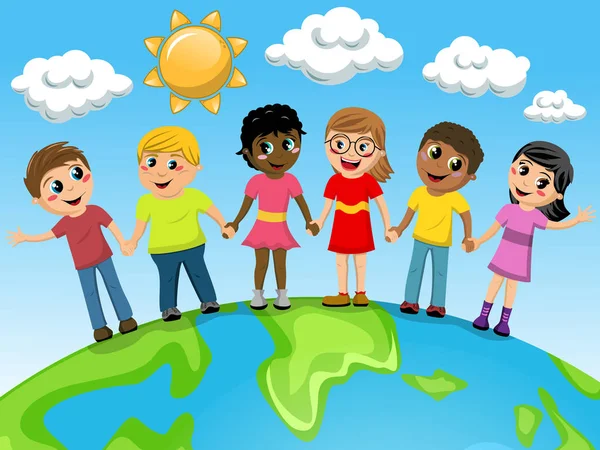 Multiracial Children kids hand hand earth — Stock Vector