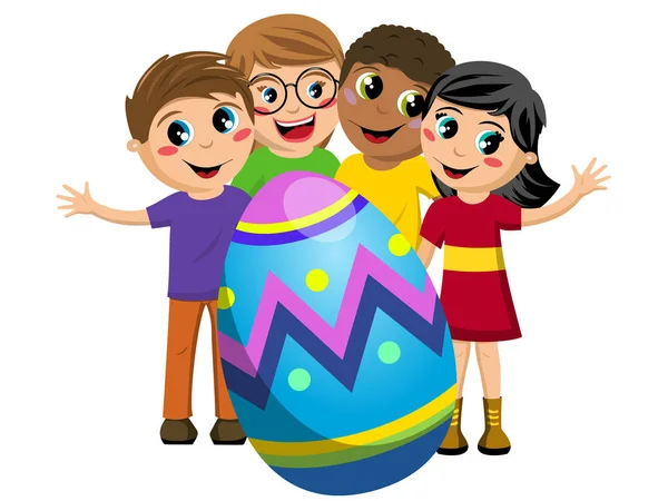 Šťastné děti, nebo děti kolem velké zdobené velikonoční vajíčko, samostatný — Stockový vektor