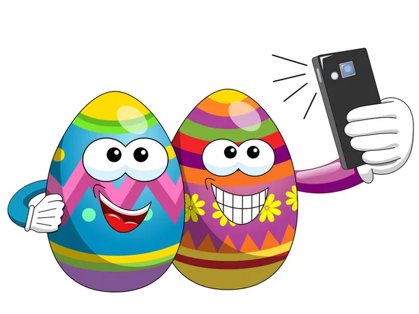 Huevos de Pascua decorados de dibujos animados tomando selfie con teléfono inteligente aislado — Vector de stock