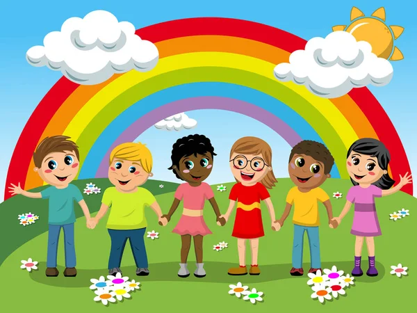 Multiracial Children or kids hand in hand in the meadow in front of rainbow — Stock Vector