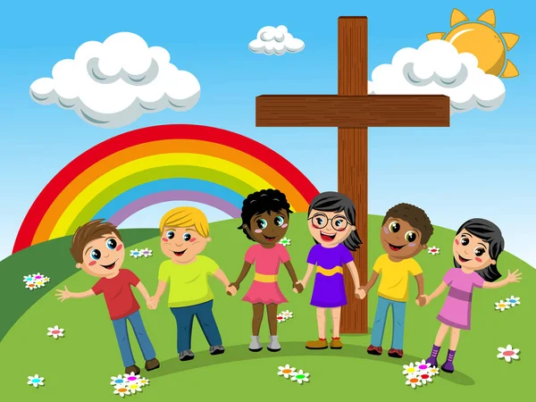 Enfants ou enfants main dans la main près de la prairie de croix chrétienne — Image vectorielle