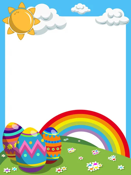 Easter vertical frame decorated eggs rainbow meadow — Stock Vector