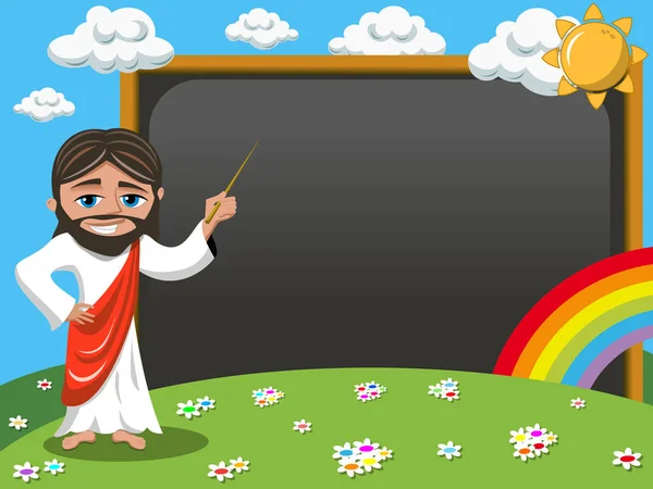 Cartoon Jesus Lehre Stick leere Tafel Kreidetafel Wiese — Stockvektor