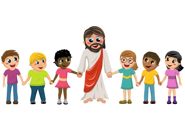 Cartoon Jesus mão na mão crianças crianças isoladas —  Vetores de Stock
