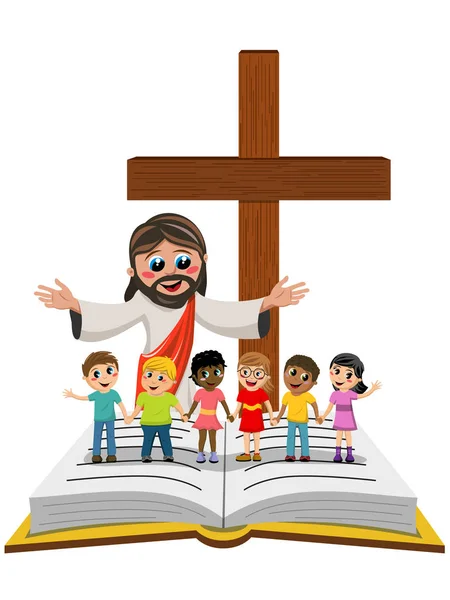 Carton open arms Jesus kids children hand in hand open bible gospel isolated — Stock Vector