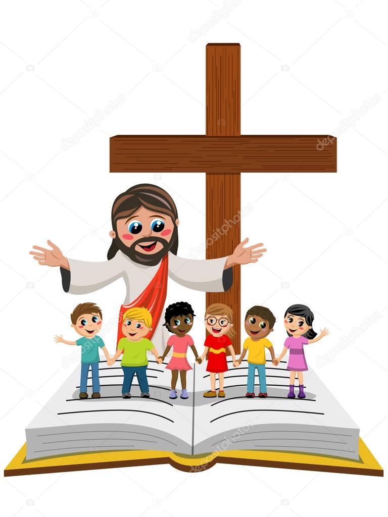 Carton open arms Jesus kids children hand in hand open bible gospel isolated