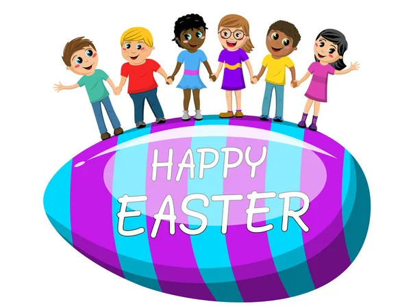 Happy Multicultural kids hand in hand big egg easter isolated — Stock Vector