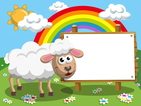 Cartoon schapen lege bordje houten banner weide — Stockvector