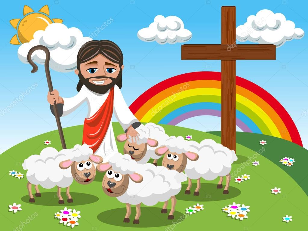 Cartoon Jesus holding stick and stroking sheep in the meadow