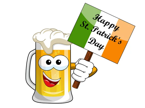Cartoon Bierpul holding Happy St. Patrick s banner geïsoleerd op wit — Stockvector