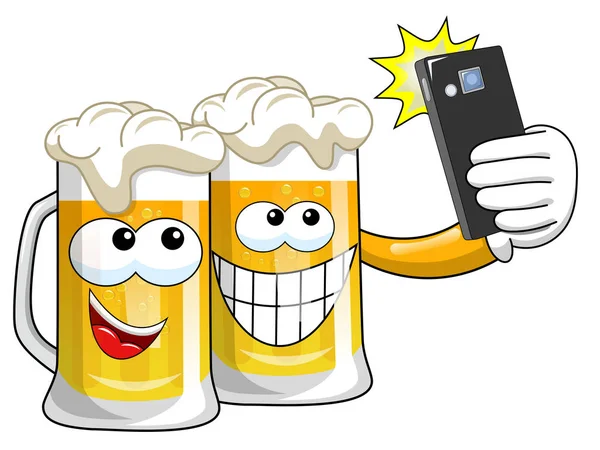 Canecas de cerveja desenhos animados selfie smartphone isolado — Vetor de Stock