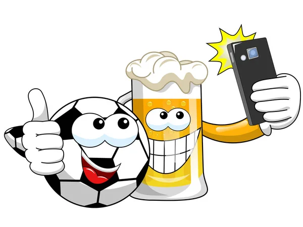 Cartoon bier spccer bal nemen selfie smartphone geïsoleerd — Stockvector