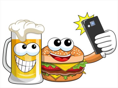 İzole selfie smartphone alarak çizgi film hamburger bira karakterleri