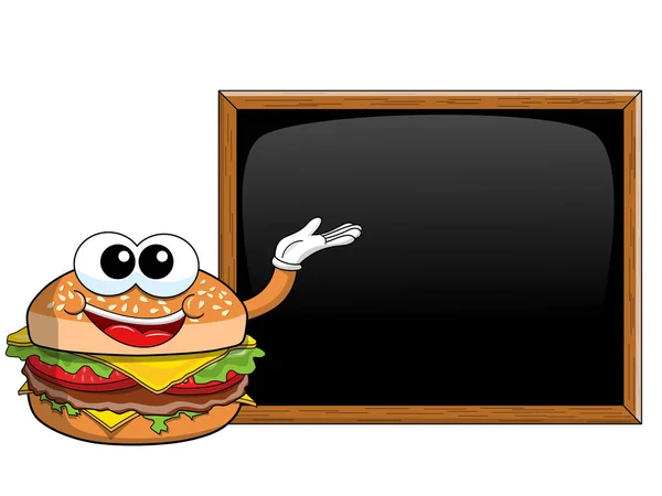 Personaje de hamburguesa de dibujos animados presentando pizarra en blanco aislado — Archivo Imágenes Vectoriales