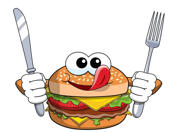 Hamburguesa hamburguesa hamburguesa personaje tenedor cuchillo lamiendo chuletas aisladas — Vector de stock