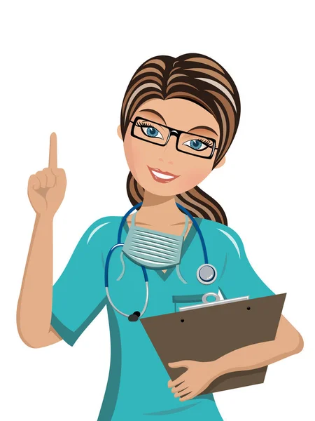 Mujer Doctor señalando con el dedo hacia arriba Aislado — Vector de stock