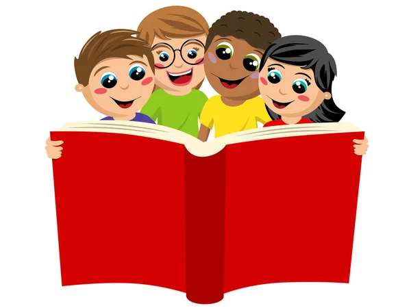 Enfants multiculturels enfants lisant grand livre isolé — Image vectorielle