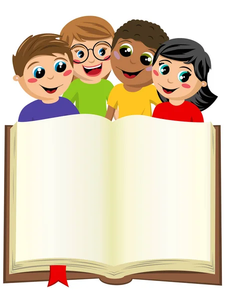 Multikulturní děti děti za prázdné otevřené velké knihy, samostatný — Stockový vektor