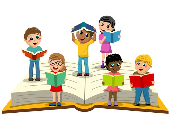 Multiracial Niños o niños leyendo un gran libro abierto aislado — Archivo Imágenes Vectoriales
