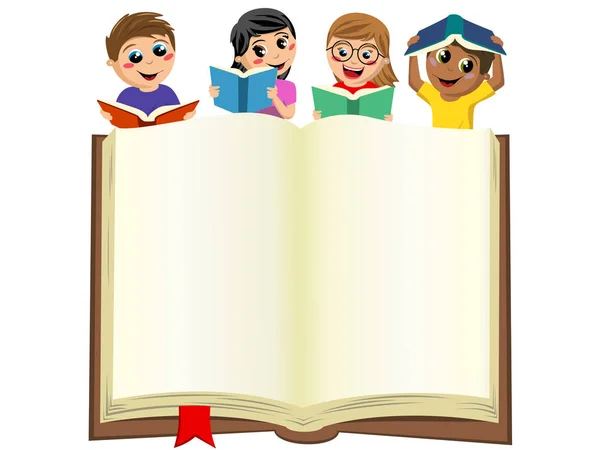 Niños multiculturales jugando leyendo detrás de un libro grande abierto en blanco aislado — Vector de stock