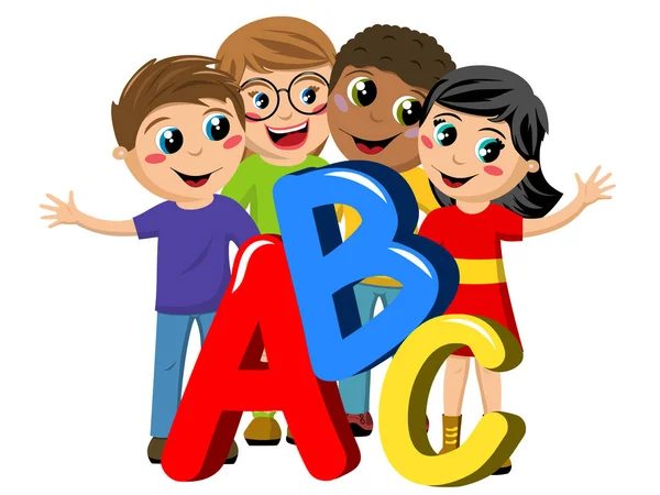 Écoliers ou enfants multiculturels abc letters isolated — Image vectorielle