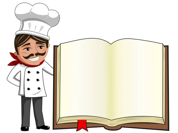 Chef presentando libro de cocina en blanco aislado — Vector de stock