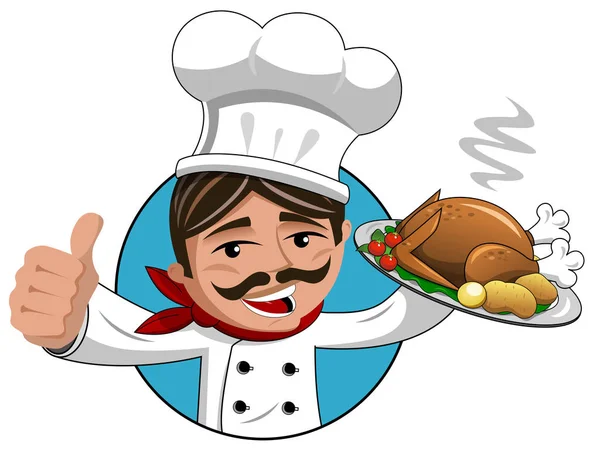 Chef thumb up roasted turkey tray isolated — Stock Vector