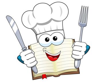 Cook kitap maskot şapka çatal ve bıçak izole