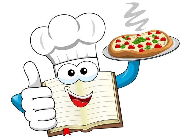 Кулінарний книжковий талісман у капелюсі, що подає тарілку піцу ізольовано — стоковий вектор