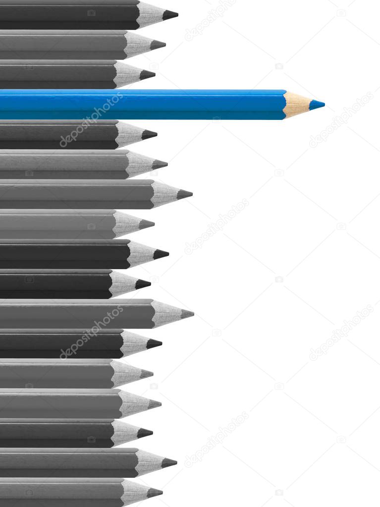 Blue pencil standing out from crowd isolated