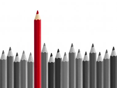 Red pencil standing out from crowd isolated clipart