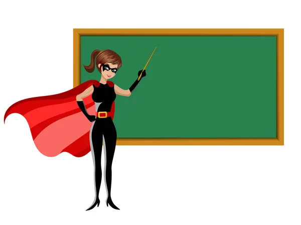 Super héros femme bâton enseignement tableau noir isolé — Image vectorielle