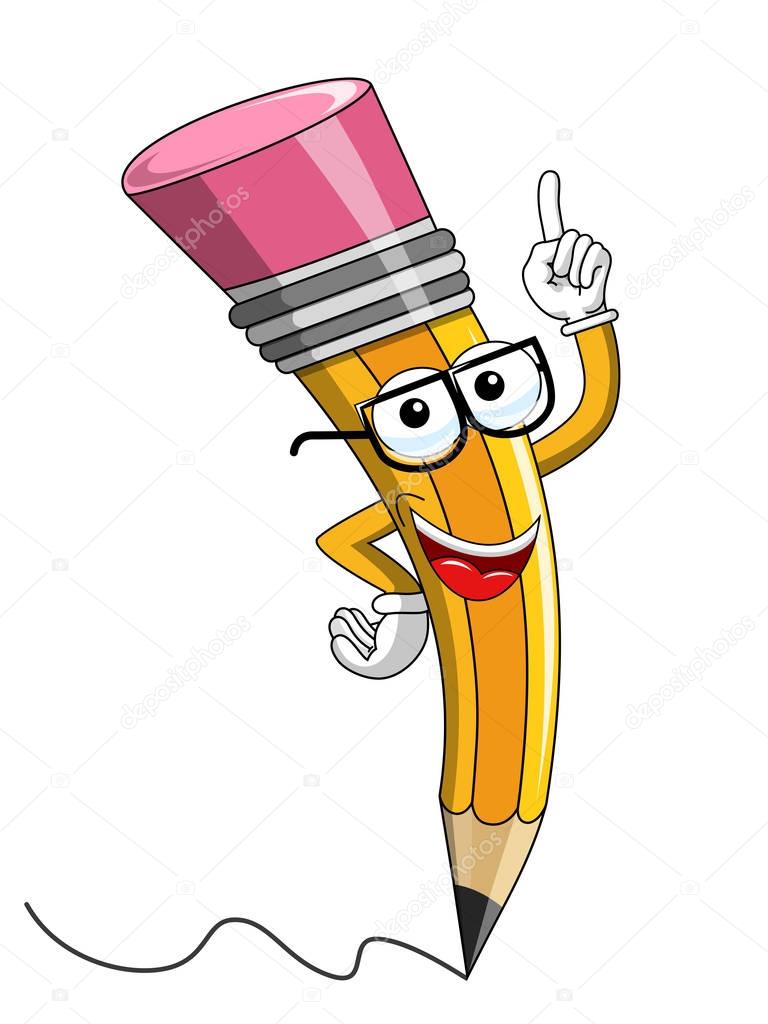 Pencil Mascot cartoon wearing reading glasses finger up isolated