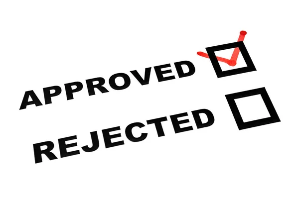 Approved rejected check boxes on white sheet tick on approved — Stock Photo, Image