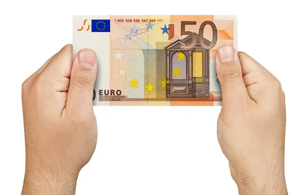 Ansicht von oben: Männerhände mit 50-Euro-Schein isoliert — Stockfoto