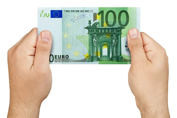 Ansicht von oben: Männerhände mit 100-Euro-Schein isoliert — Stockfoto