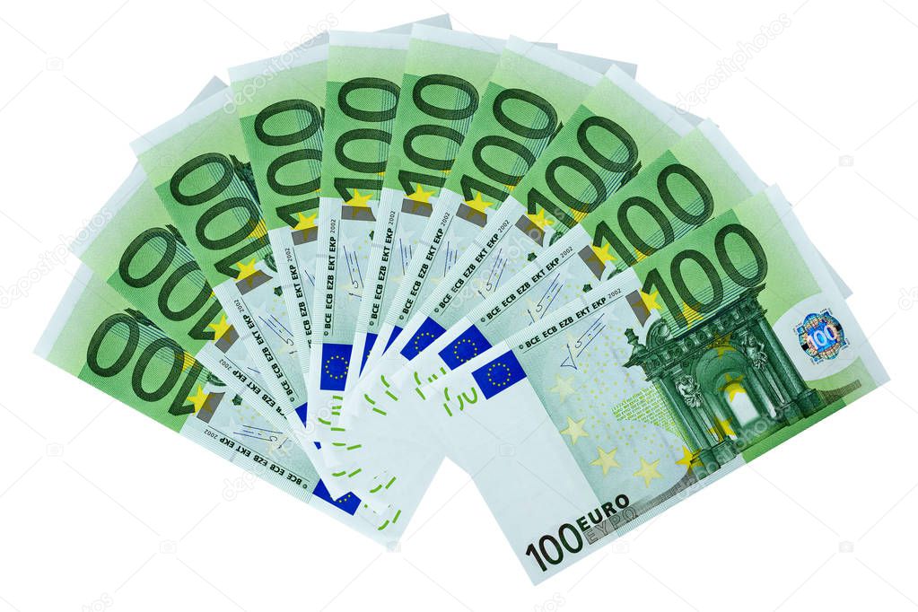 Frontal view fan of 100 euro banknotes isolated on white background