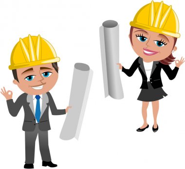 Kask ve Ok el jest kendimi ile gülümseyen karikatür mimar