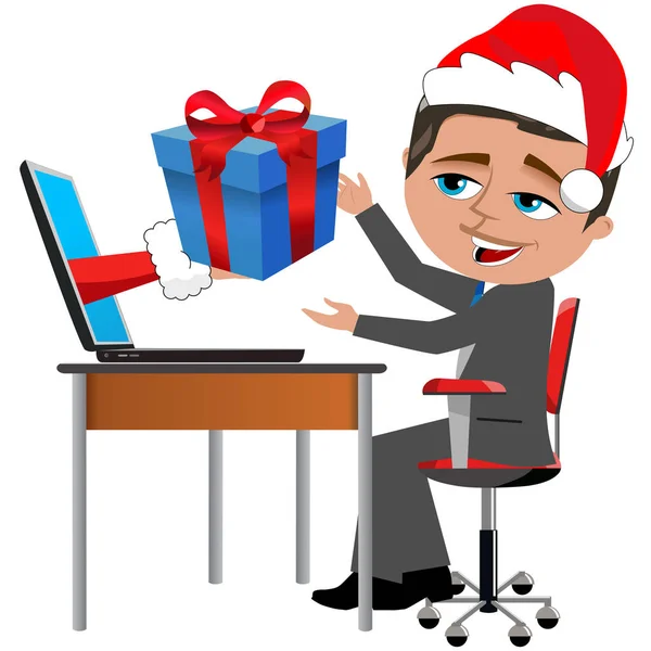 Zakenman ontvangt Gift Christmas op Office Desk geïsoleerd — Stockvector