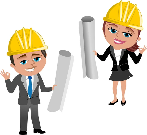 Smiling cartoon architect with helmet and Ok hand gesture holdin — Stock Vector