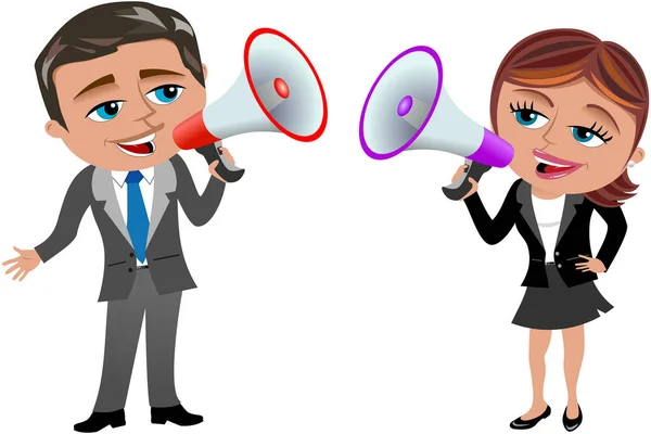 Business woman and businessman holding and speaking in megaphone — стоковый вектор