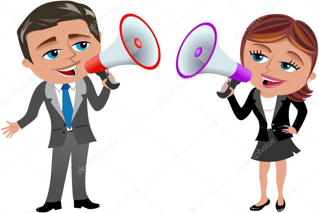 businesswoman and businessman holding and speaking in megaphone 