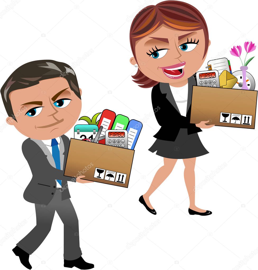 Fired Cartoon businesswoman and businessman carrying a box of pe