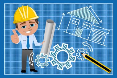 Mimar kask ve blueprint aga tutarak yukarı başparmak ile gülümseyen