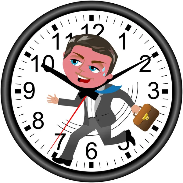 Rouge face homme d'affaires courir contre le temps dans une horloge murale isola — Image vectorielle