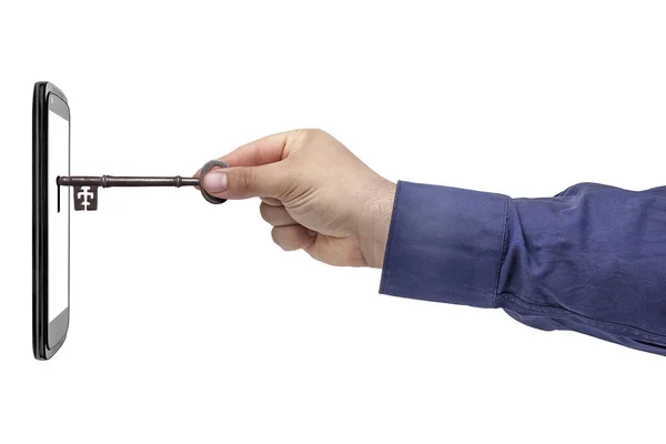 Empresário mão vintage chave acessando tela smartphone isolado — Fotografia de Stock